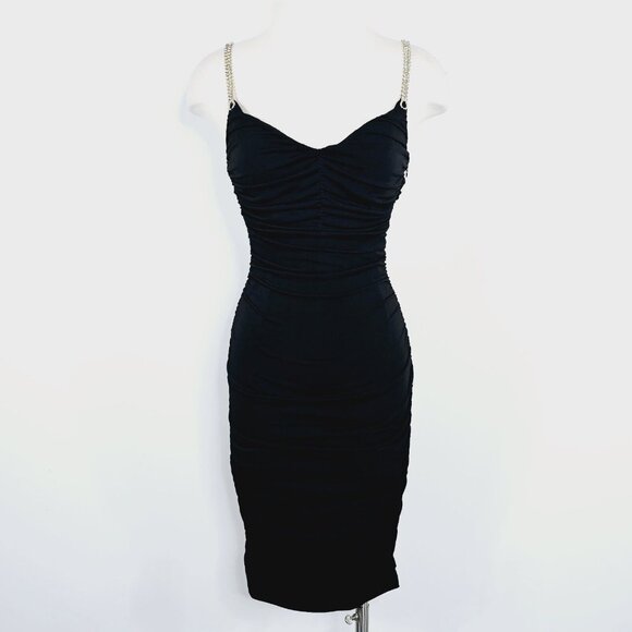 Vintage Cache Y2K Black Ruched Bodycon Dress 6 Rhinestone Chain Back Cocktail - Picture 3 of 17